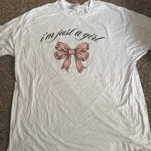 White Graphic T-Shirt with Pink Bow Design